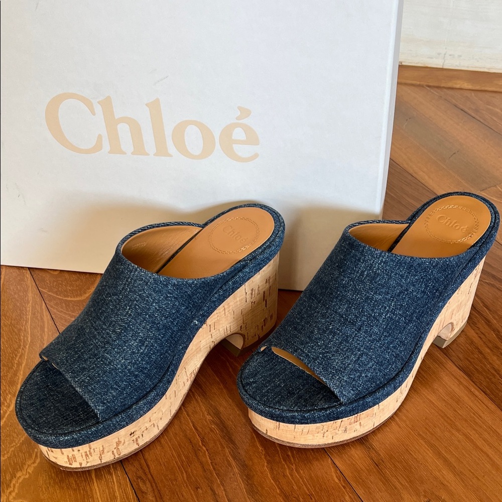 Chloe Blue Denim Mules with Cork Platform